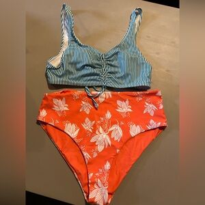 SHEIN Blue and Orange Striped Floral Bikini